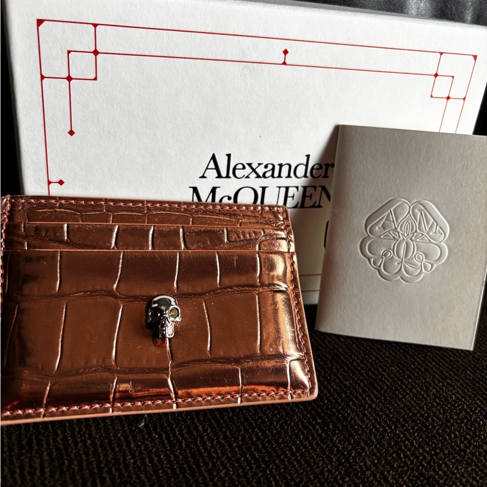 Alexander McQueen Rose Gold Metallic Card Holder Croc embossed